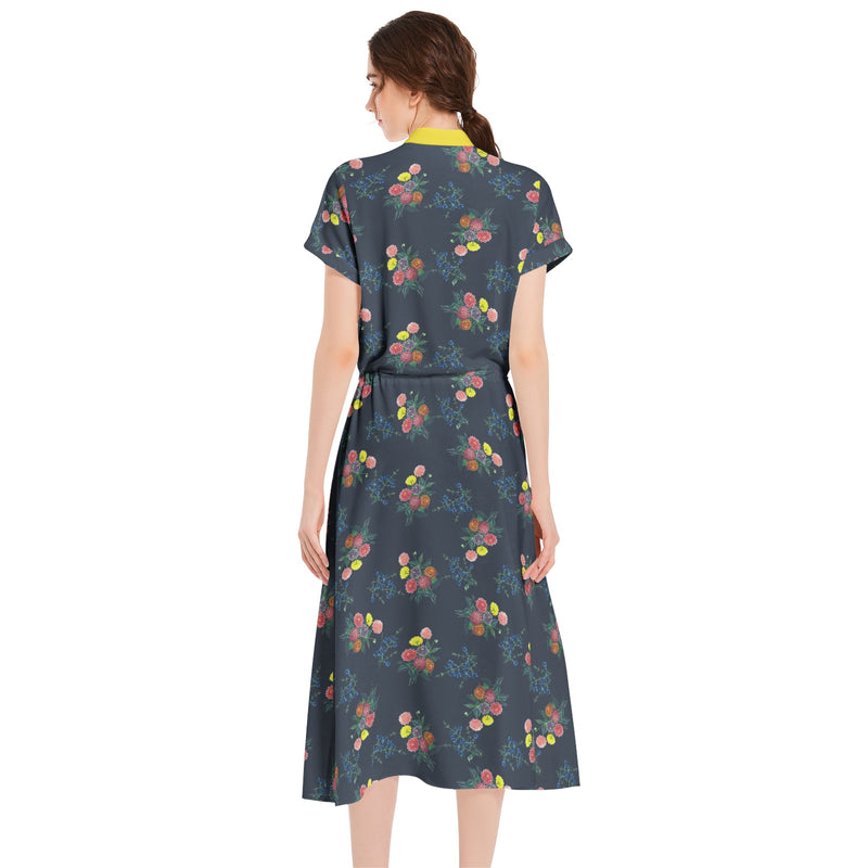 M Kemp Dahlia Drawstring Waist A-line Flared Midi Dress - Objet D'Art