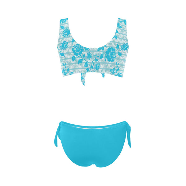 greek roses in blue print Bow Tie Front Bikini Swimsuit (Model S38) - Objet D'Art