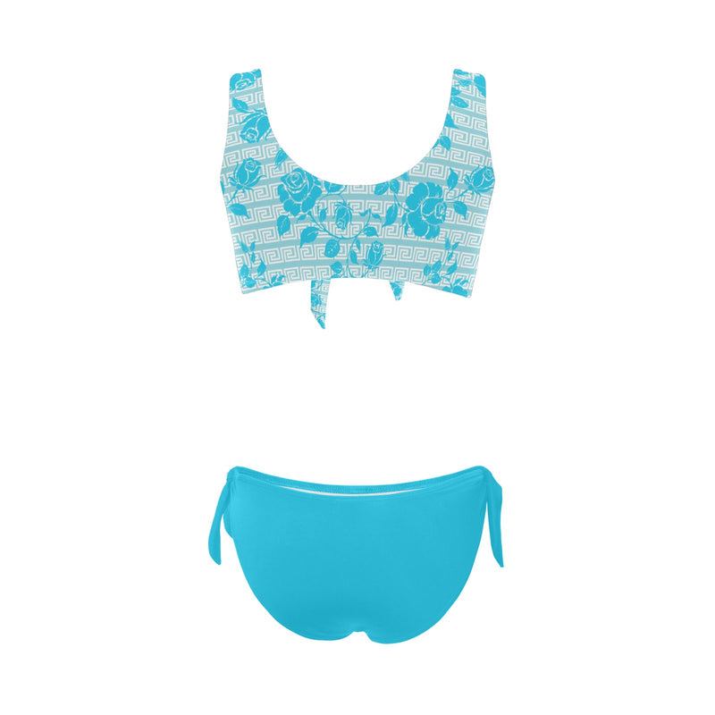 greek roses in blue print Bow Tie Front Bikini Swimsuit (Model S38) - Objet D'Art