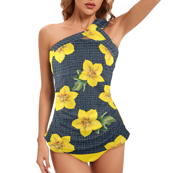 yellow print 2 Women's One Shoulder Backless Swimsuit (Model S44)