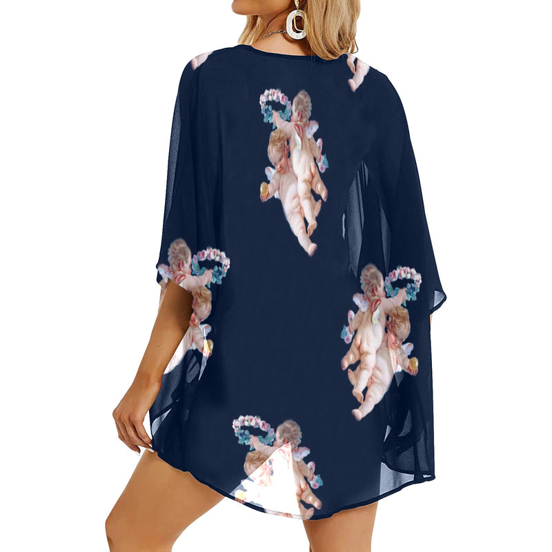 cheribum navy blue print 5 Women's Kimono Chiffon Cover Up (Model H51) - Objet D'Art