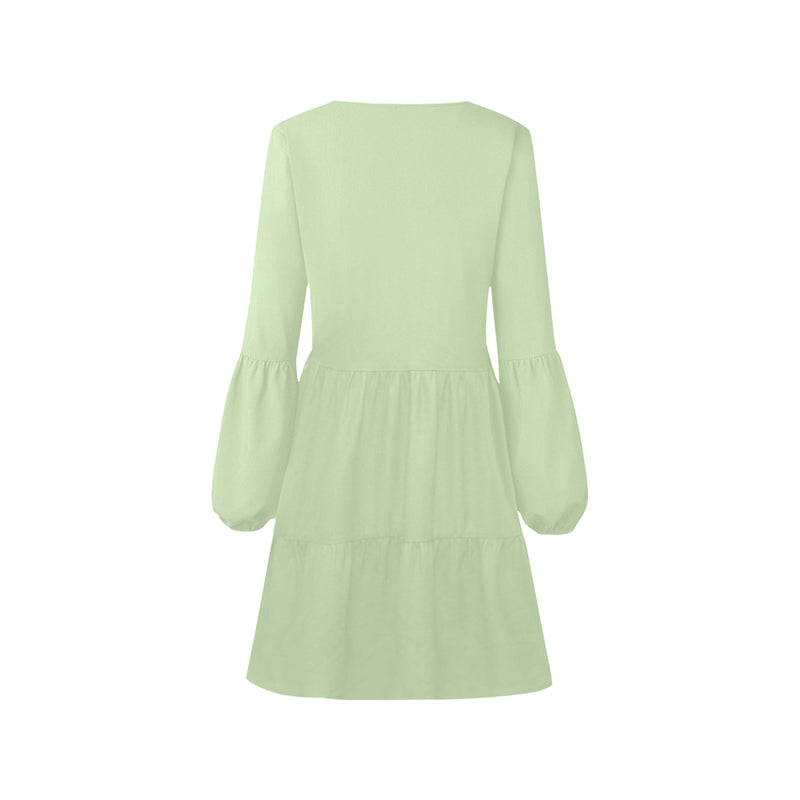 avocado spread solid print V-Neck Loose Fit Dress (Model D62) - Objet D'Art