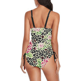 leopard rose print 2 Drawstring Side One-Piece Swimsuit (Model S14) - Objet D'Art