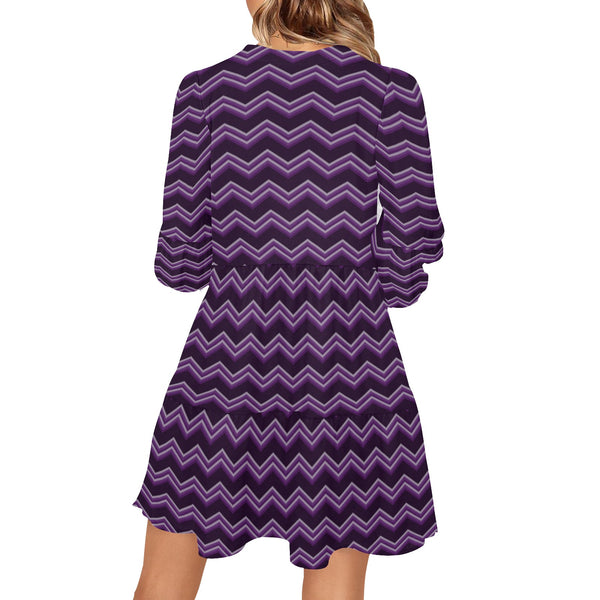 herringbone purple print 2A V-Neck Loose Fit Dress (Model D62) - Objet D'Art