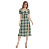 M Kemp Storm Green Plaid Puff Sleeve Split Thigh Midi Dress - Objet D'Art
