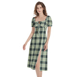 M Kemp Storm Green Plaid Puff Sleeve Split Thigh Midi Dress - Objet D'Art