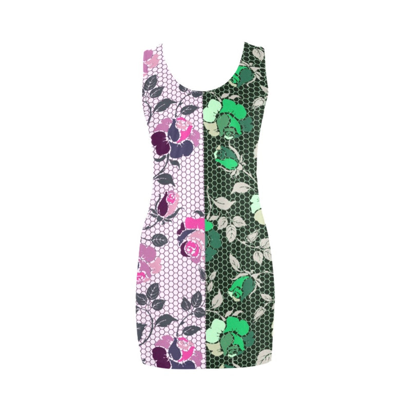 pink green rose print 4 Medea Vest Dress (Model D06) - Objet D'Art