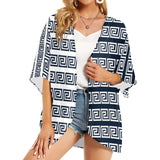 blue white greek key print 3 Women's Kimono Chiffon Cover Up (Model H51) - Objet D'Art