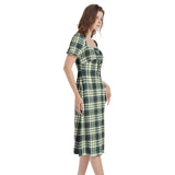 M Kemp Storm Green Plaid Puff Sleeve Split Thigh Midi Dress - Objet D'Art