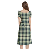M Kemp Storm Green Plaid Puff Sleeve Split Thigh Midi Dress - Objet D'Art