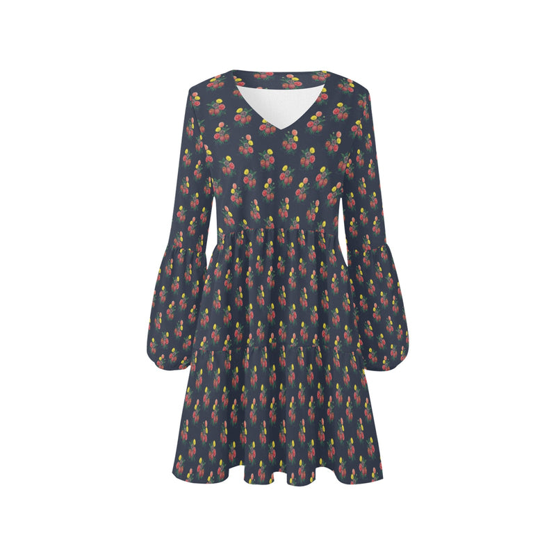 dahlia print 4B V-Neck Loose Fit Dress (Model D62) - Objet D'Art