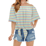 greek key light colors print 2 Off Shoulder Knot Front Blouse (Model T71) - Objet D'Art