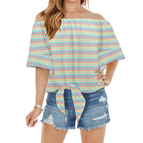 greek key light colors print 2 Off Shoulder Knot Front Blouse (Model T71) - Objet D'Art