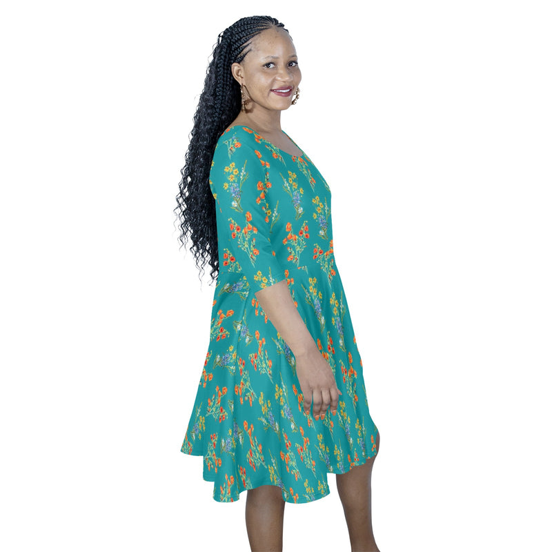 wildflower teal print Half Sleeve Skater Dress - Objet D'Art