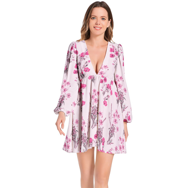 Pink Wildflowers Lantern Sleeve Deep V-Neck Short Dress - Objet D'Art
