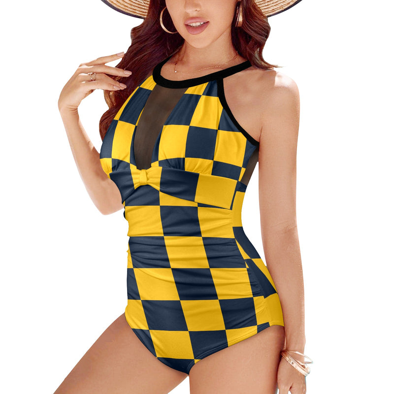 navy blue gold checkered print Women's High Neck Plunge Mesh Ruched Swimsuit (S43) - Objet D'Art