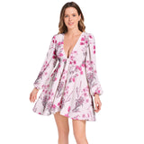 Pink Wildflowers Lantern Sleeve Deep V-Neck Short Dress - Objet D'Art