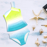 neon green greek key ombre print 8A Women's One Shoulder Backless Swimsuit (Model S44) - Objet D'Art