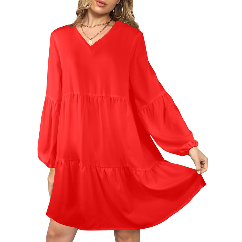 pure red print V-Neck Loose Fit Dress (Model D66) - Objet D'Art