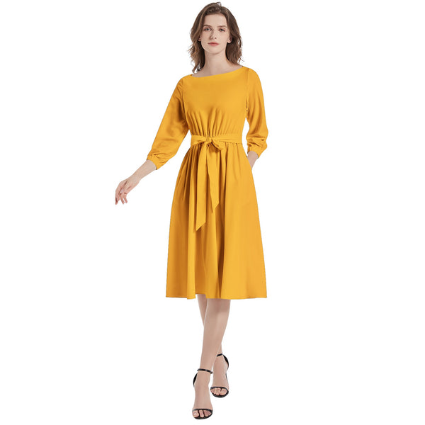 Saffron Boat Neck Belted Flared Dress - Objet D'Art
