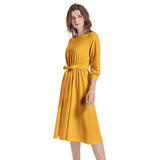 Saffron Boat Neck Belted Flared Dress - Objet D'Art