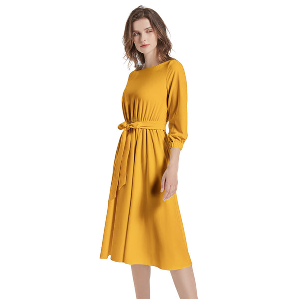 Saffron Boat Neck Belted Flared Dress - Objet D'Art
