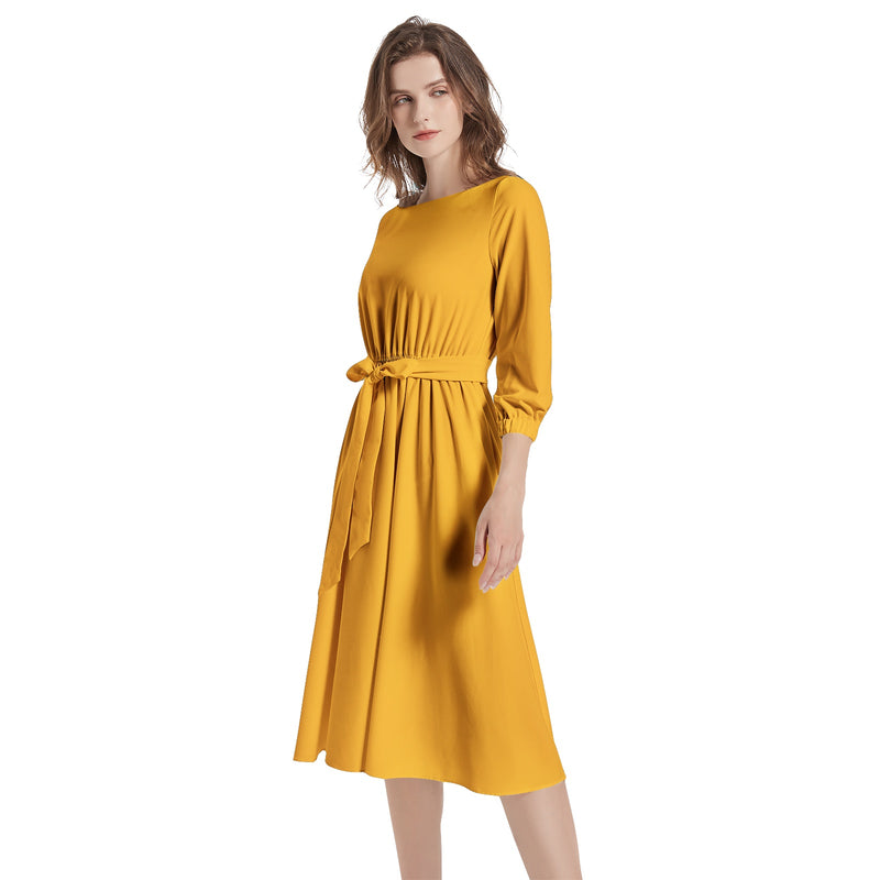 Saffron Boat Neck Belted Flared Dress - Objet D'Art
