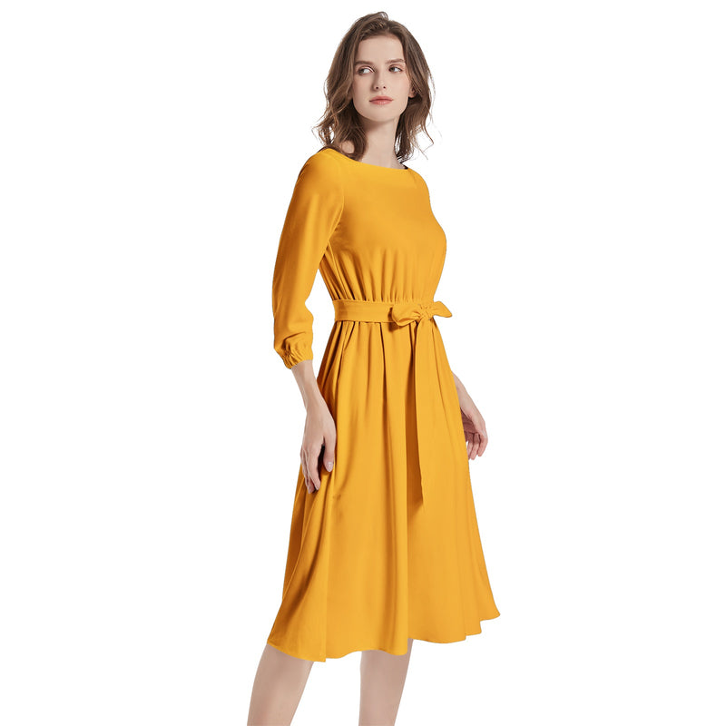 Saffron Boat Neck Belted Flared Dress - Objet D'Art