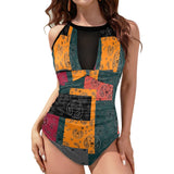 bandana print calico yoga_leggings_template-Recovered-Recovered copy Women's High Neck Plunge Mesh Ruched Swimsuit (S43) - Objet D'Art