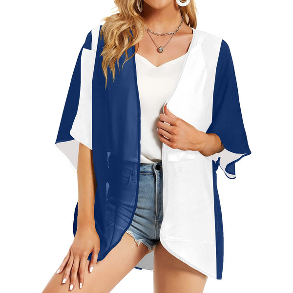 wht blue print Women's Kimono Chiffon Cover Up (Model H51) - Objet D'Art