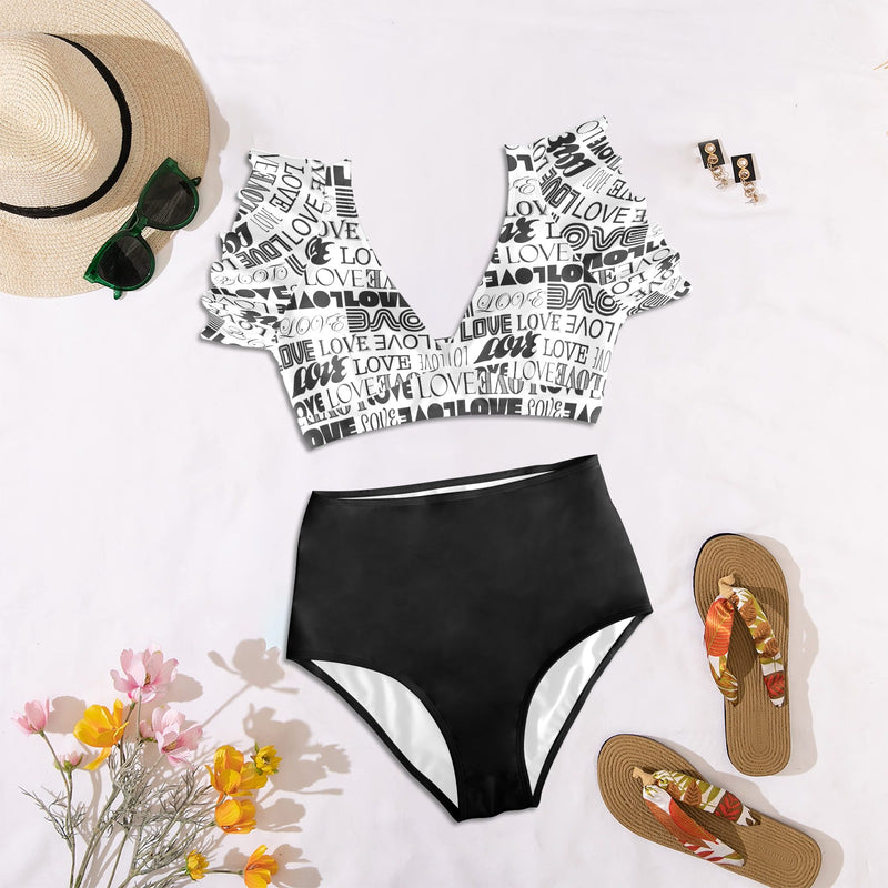 black solid print skirt Women's Ruffle Sleeve Bikini Swimsuit (Model S42) - Objet D'Art