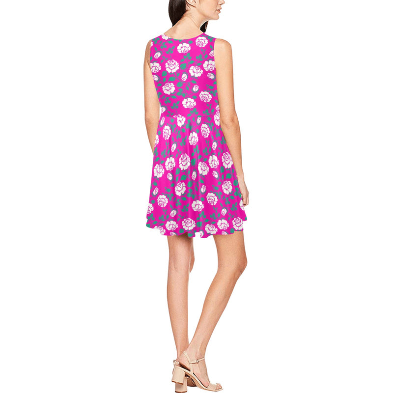 pink rose green petal print 4 Thea Sleeveless Skater Dress(Model D19) - Objet D'Art