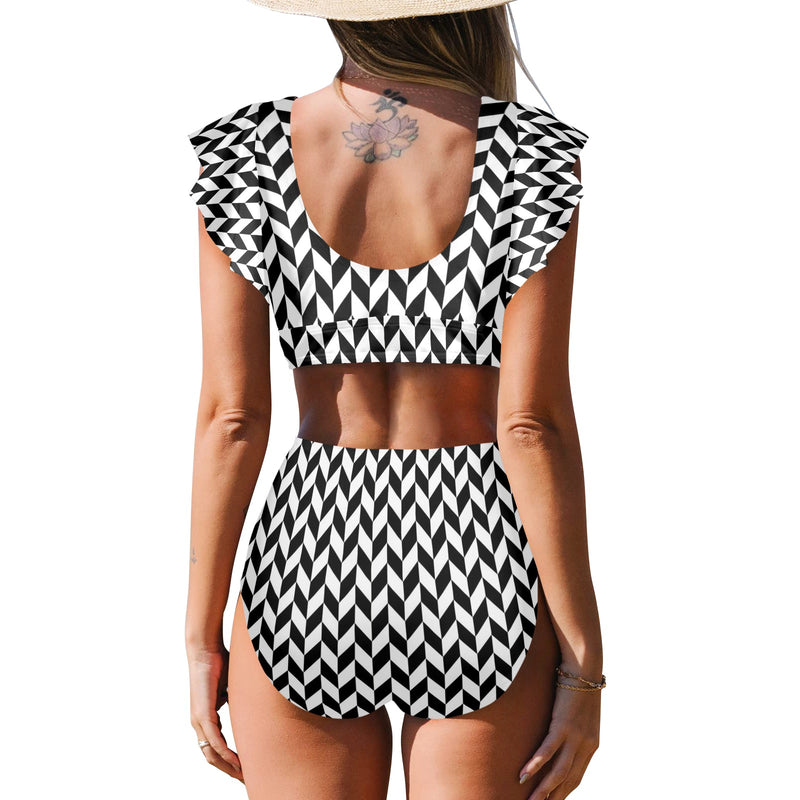 bw print broken chev Women's Ruffle Sleeve Bikini Swimsuit (Model S42) - Objet D'Art