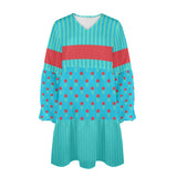 blue green striped print 2 V-Neck Loose Fit Dress (Model D66) - Objet D'Art