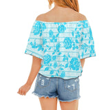 greek roses in blue print Off Shoulder Knot Front Blouse (Model T71) - Objet D'Art