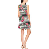 thin bw stripes roses red print 2 Thea Sleeveless Skater Dress(Model D19) - Objet D'Art