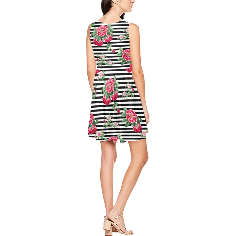 thin bw stripes roses red print 2 Thea Sleeveless Skater Dress(Model D19) - Objet D'Art