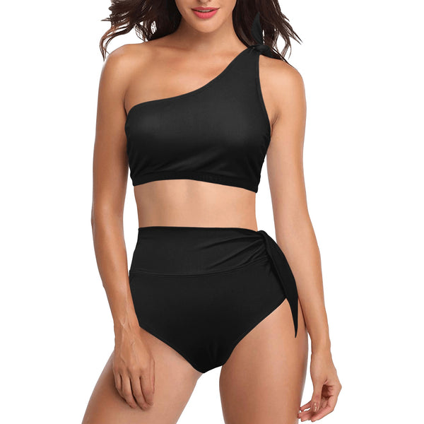 black solid print skirt High Waisted One Shoulder Bikini Set (Model S16) - Objet D'Art