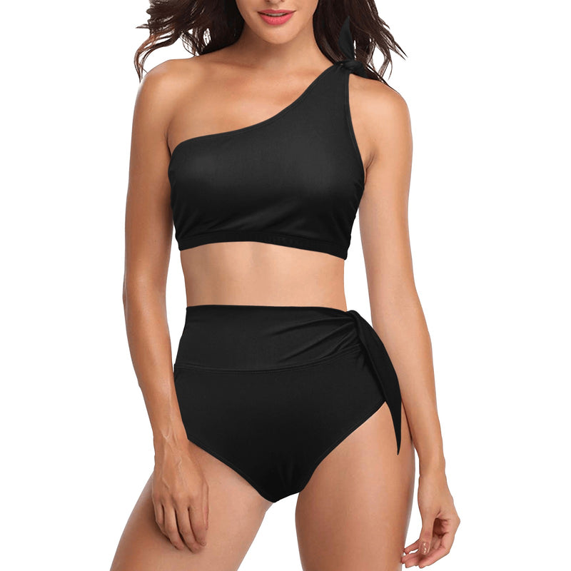 black solid print skirt High Waisted One Shoulder Bikini Set (Model S16) - Objet D'Art
