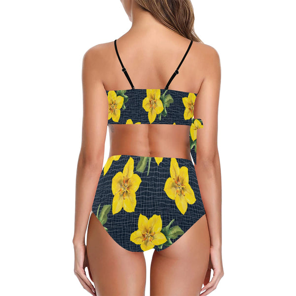 yellow flora print copy Knot Side Bikini Swimsuit (Model S37) - Objet D'Art