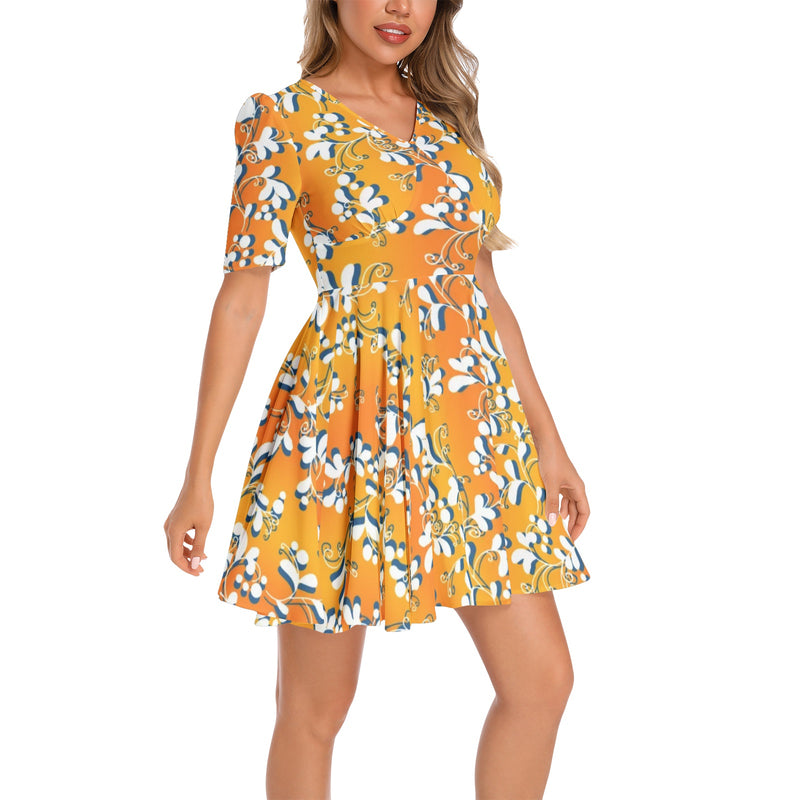 Short Sleeve Ruched Bust Flared Hem Dress - Objet D'Art