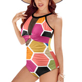 dark fuchsia print 2 Women's High Neck Plunge Mesh Ruched Swimsuit (S43) - Objet D'Art