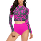 fuchsia print solid Long Sleeve Bikini Set (Model S27) - Objet D'Art