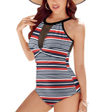 striped 2 d47 back Women's High Neck Plunge Mesh Ruched Swimsuit (S43) - Objet D'Art