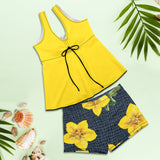 yellow flora print copy Women's Vest Skirt Split Swimsuit (Model S47) - Objet D'Art