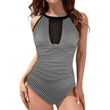 striped geo print 5C Women's High Neck Plunge Mesh Ruched Swimsuit (S43) - Objet D'Art