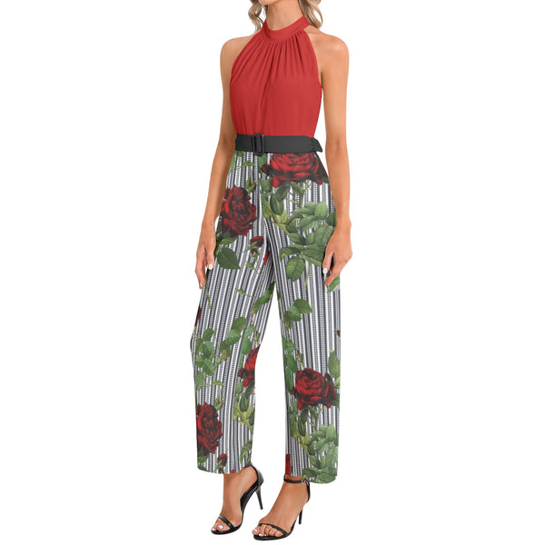 Halter Neck Buckle Belted Jumpsuit - Objet D'Art
