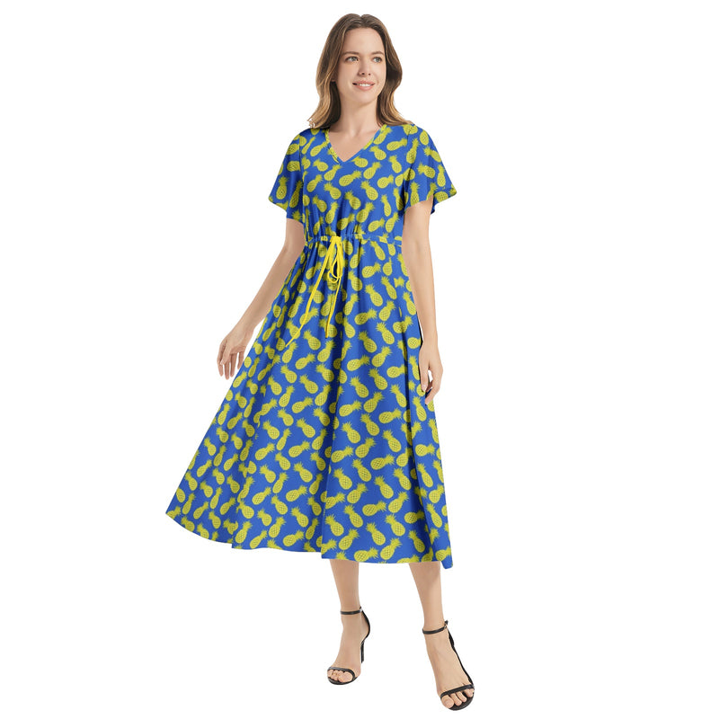 Flutter Sleeve Drawstring Waist Flared Dress - Objet D'Art