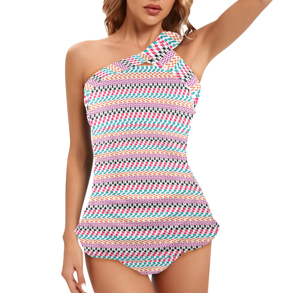 color geo print 7BA Women's One Shoulder Backless Swimsuit (Model S44) - Objet D'Art