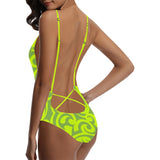 neon green scroll print 2 Sexy Lacing Backless One-Piece Swimsuit (Model S10) - Objet D'Art